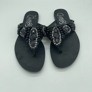 Carlos Santana Tahiti Black Beaded Rhinestone Thong Flip Flop Sandals Women’s 6